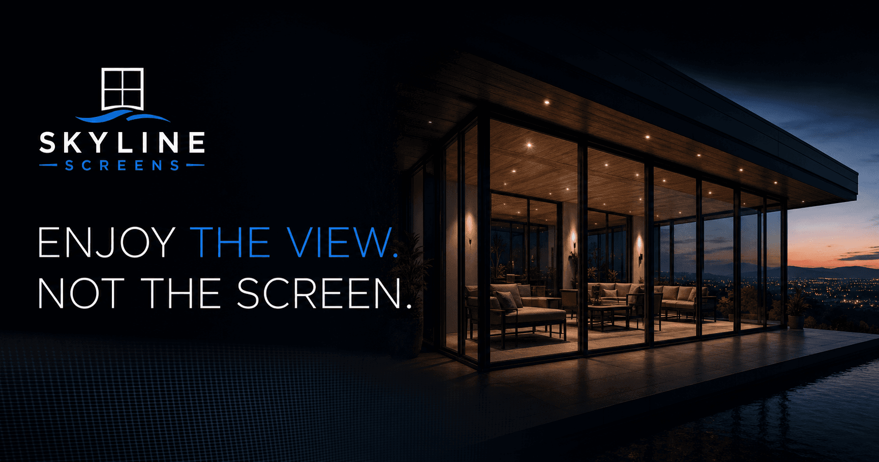 Modern home with floor-to-ceiling windows at blue-hour dusk