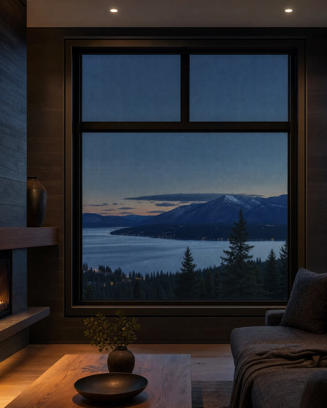 New black aluminum window screen framing a mountain and lake view