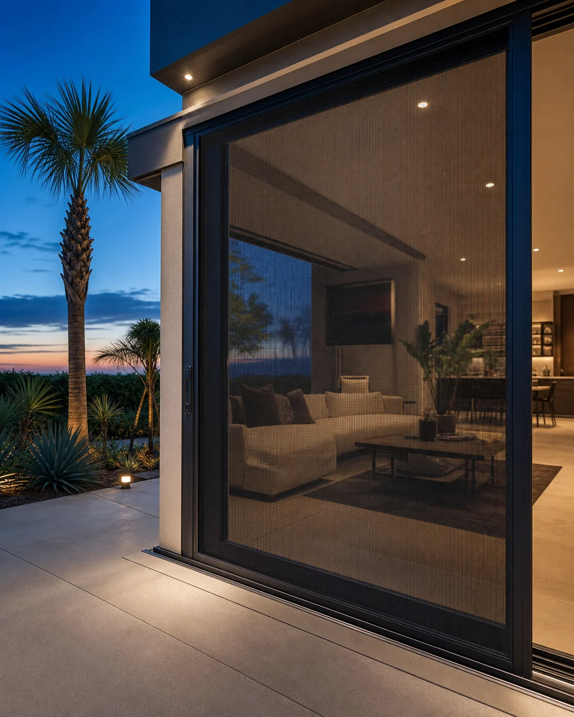 Modern black sliding screen door installed on a premium home